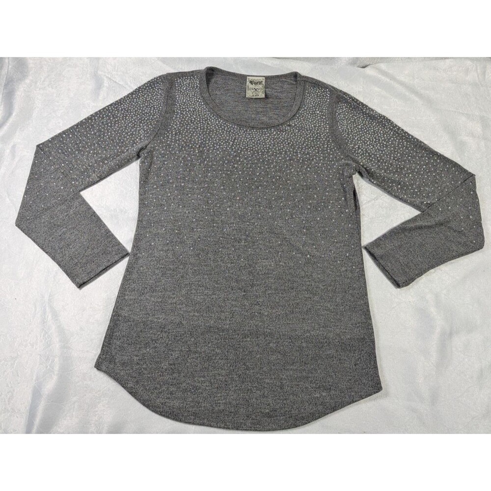 Y2K Style Vocal Women’s Est S Gray Rhinestone Bling Long Sleeve Tunic Top